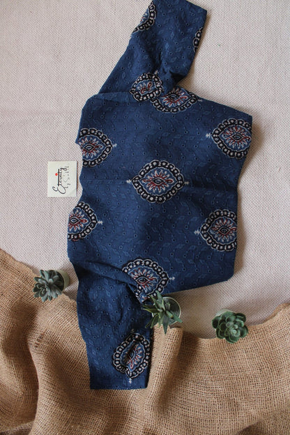 Ivory Indigo Bloom Saree + Ajrakh Hakoba – Blue Grace Blouse Combo