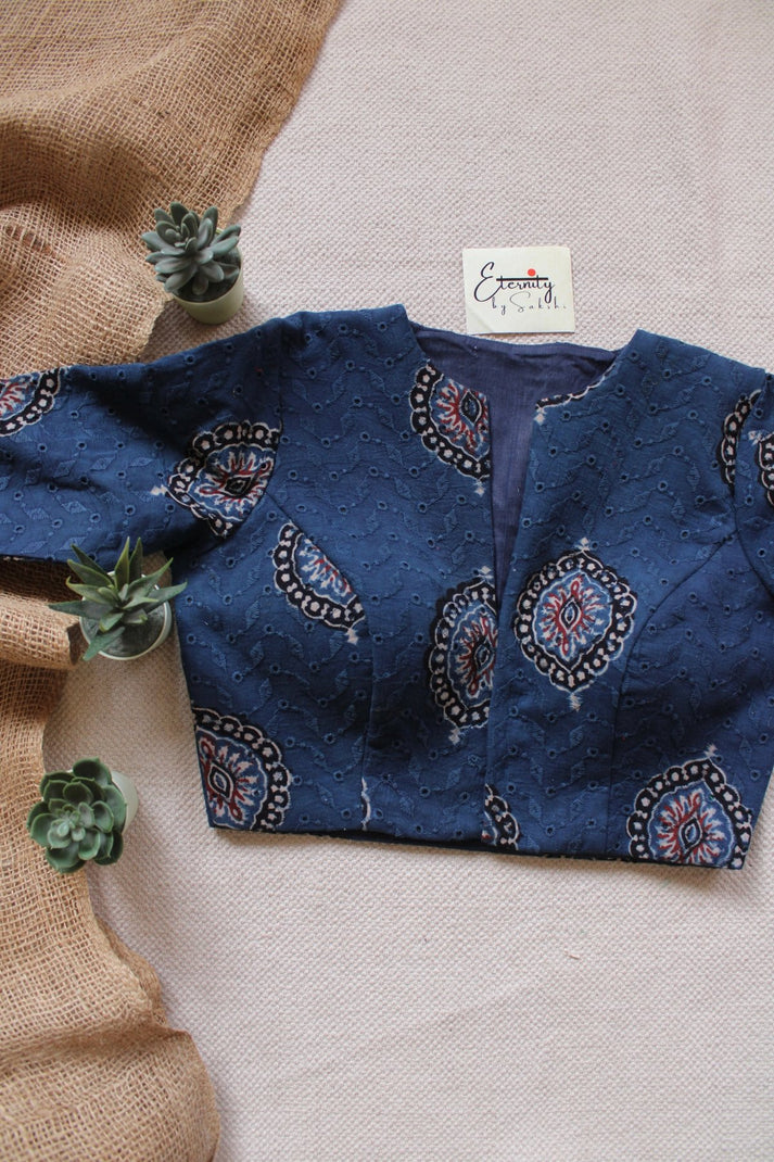 Ivory Indigo Bloom Saree + Ajrakh Hakoba – Blue Grace Blouse Combo