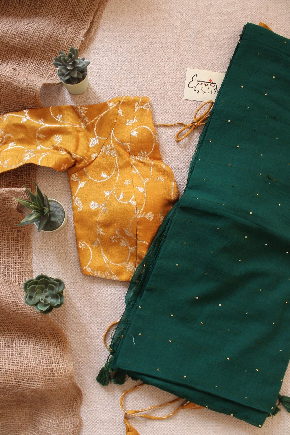 Green Tara Saree + Yellow Brocade Blouse Combo - Eternity by Sakshi