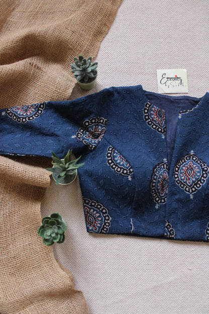 Ivory Indigo Bloom Saree + Ajrakh Hakoba – Blue Grace Blouse Combo