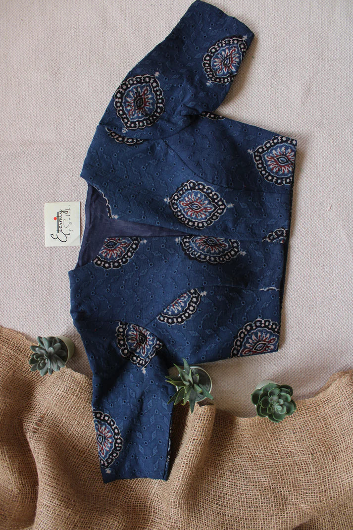 Ivory Indigo Bloom Saree + Ajrakh Hakoba – Blue Grace Blouse Combo