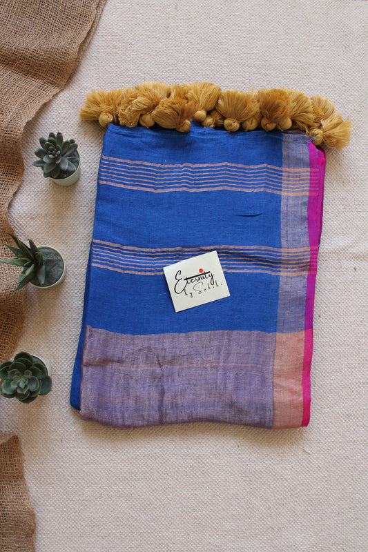 Blue Parijat Linen Saree