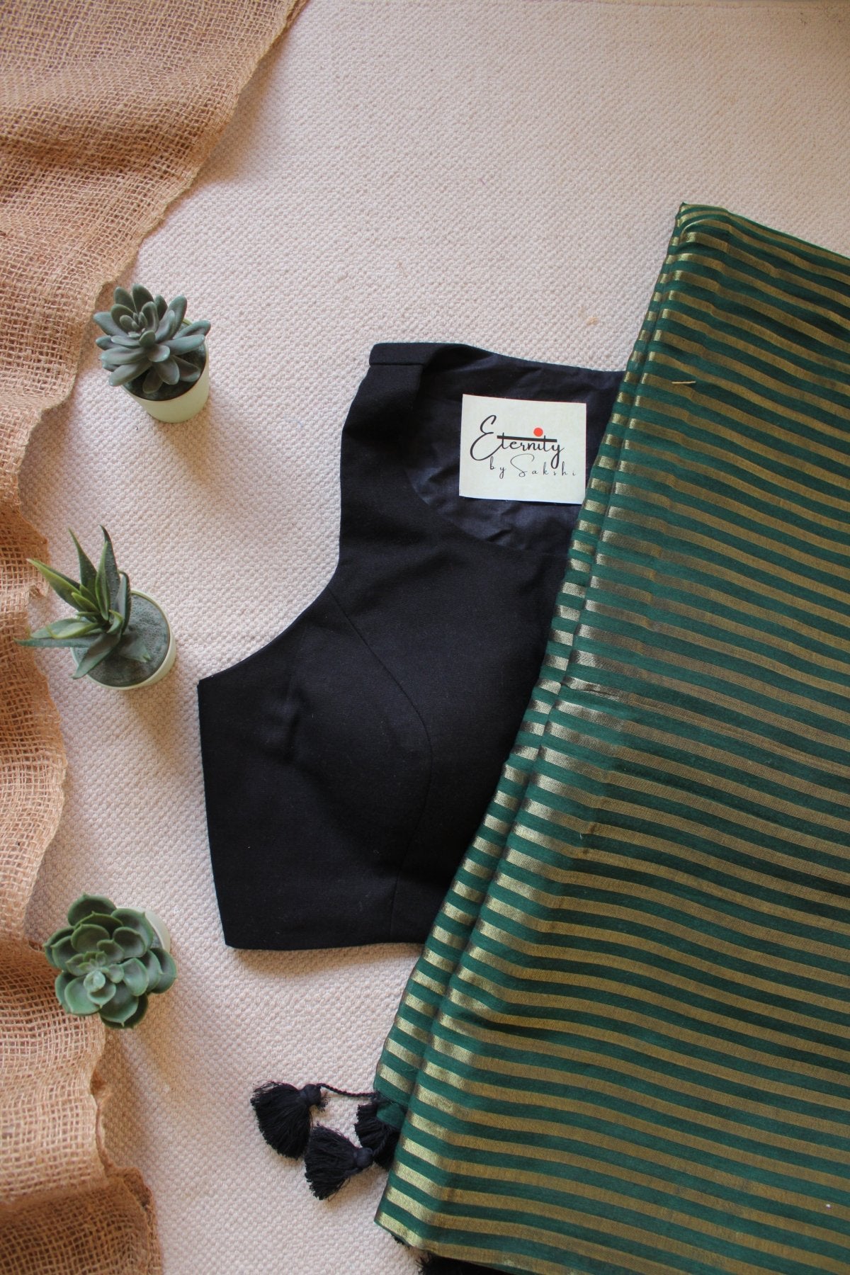 Green Mohini Saree + Gulmohar Black Stretchable Blouse - Eternity by Sakshi