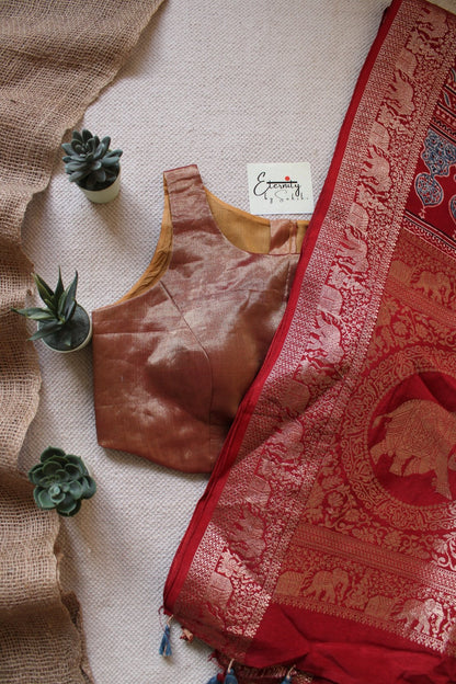 Exclsuive Dul Red Dola Silk Saree + Copper Zari Blouse combo - Eternity by Sakshi