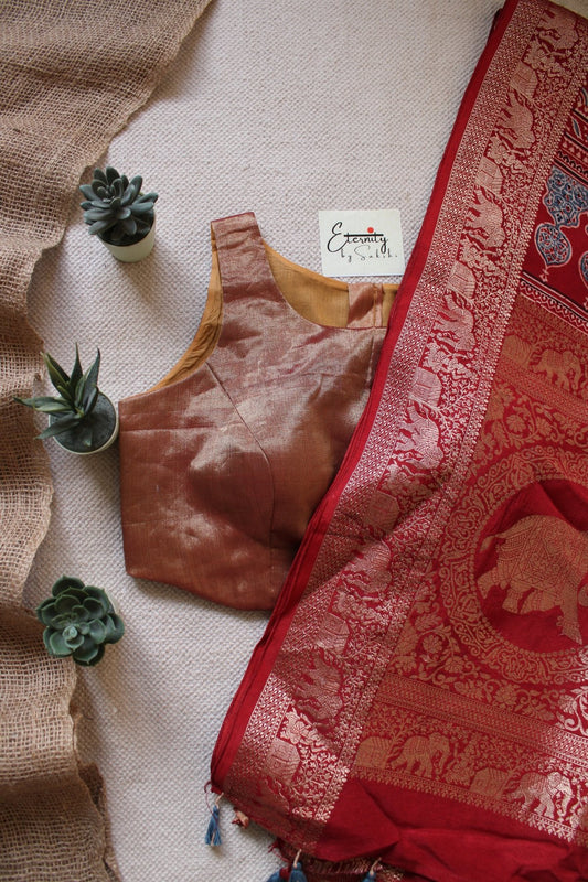 Exclsuive Dul Red Dola Silk Saree + Copper Zari Blouse combo - Eternity by Sakshi