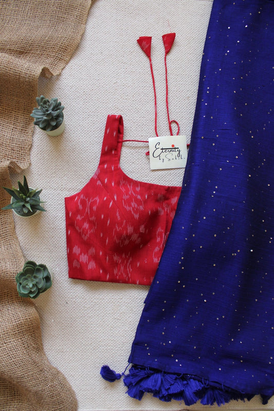 Blue Rozana Saree + Red Ikat Noorie Blouse Combo - Eternity by Sakshi