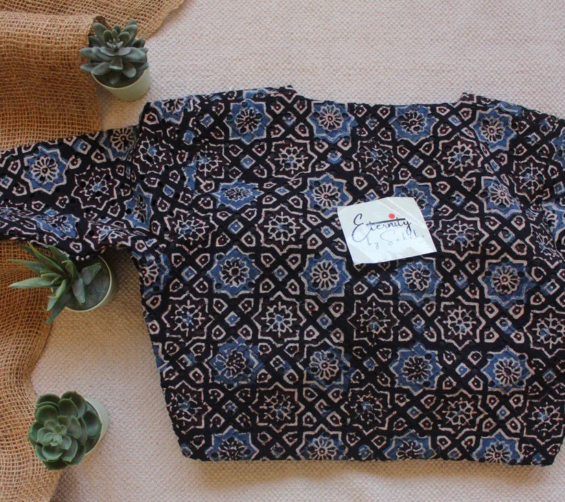 Maroon Breezy Saree + Ajrakh Hakoba - Black Indigo Blouse Combo - Eternity by Sakshi