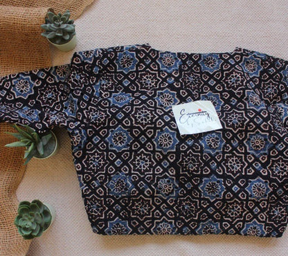 Maroon Breezy Saree + Ajrakh Hakoba - Black Indigo Blouse Combo - Eternity by Sakshi