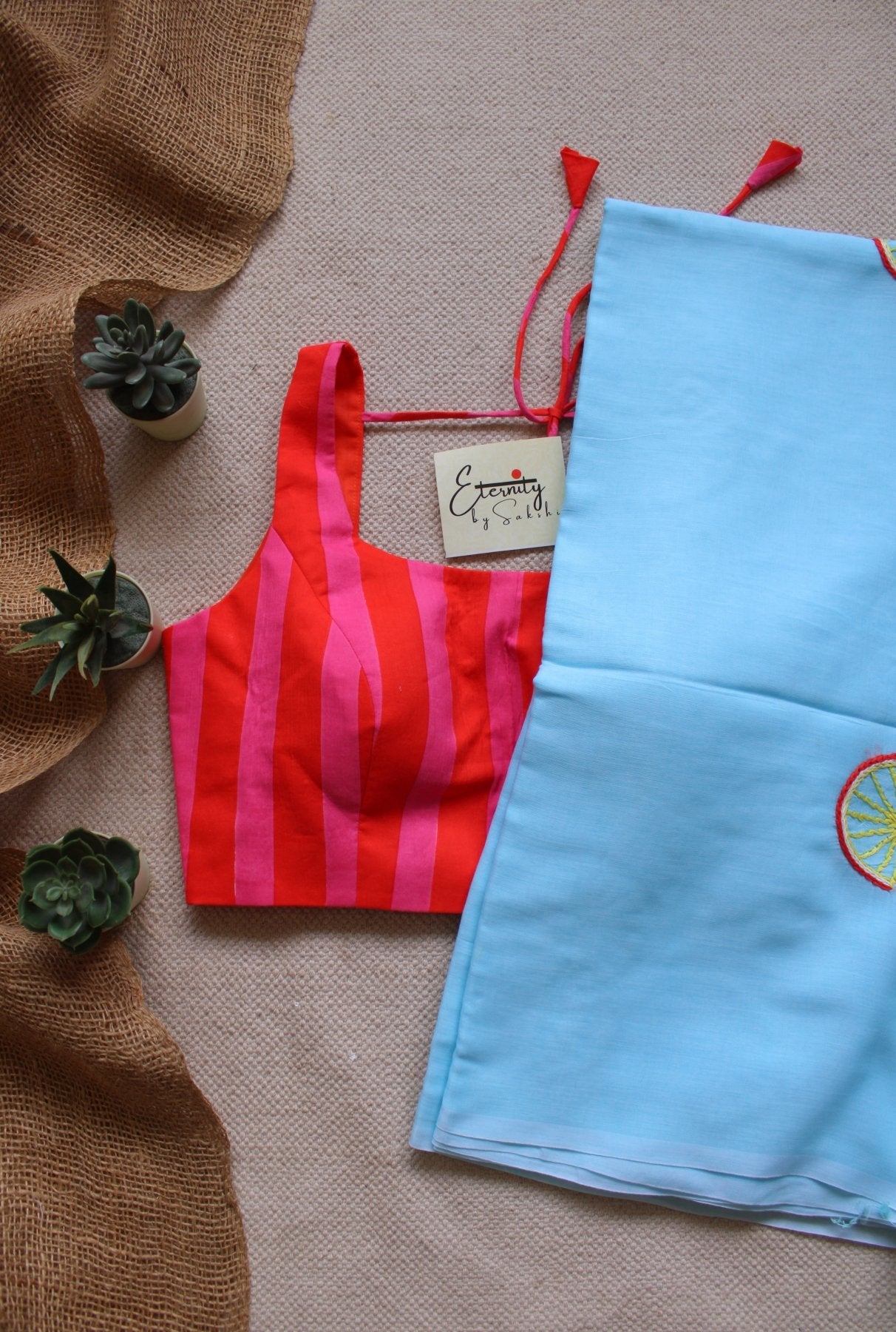 Skyloom Summer Watermelon Saree + Candy Crush Cotton Elastic Noorie Blouse Combo - Eternity by Sakshi