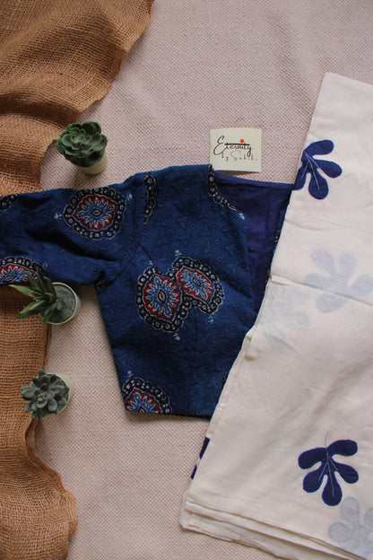 Ivory Indigo Bloom Saree + Ajrakh Hakoba – Blue Grace Blouse Combo