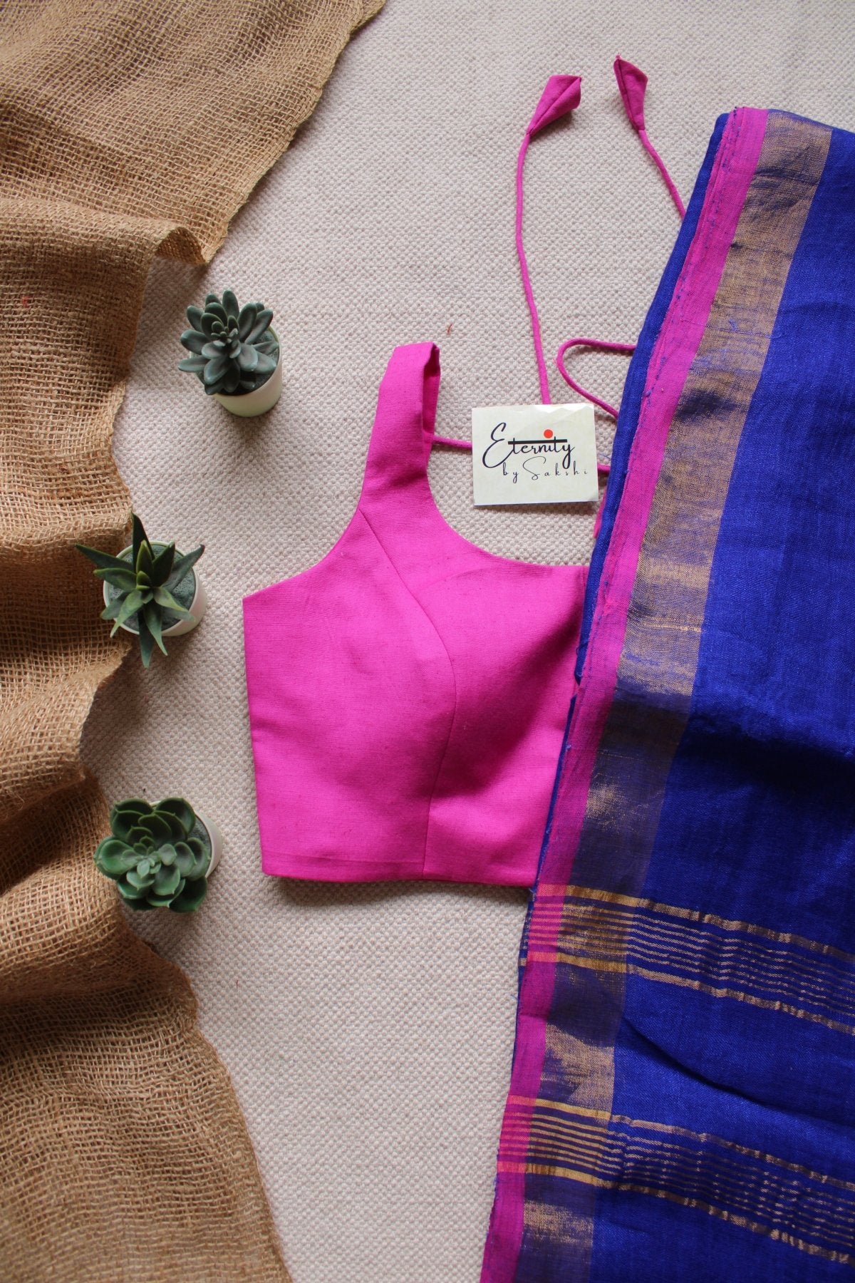 Blue Parijat Linen Saree + Pink Blouse Combo - Eternity by Sakshi