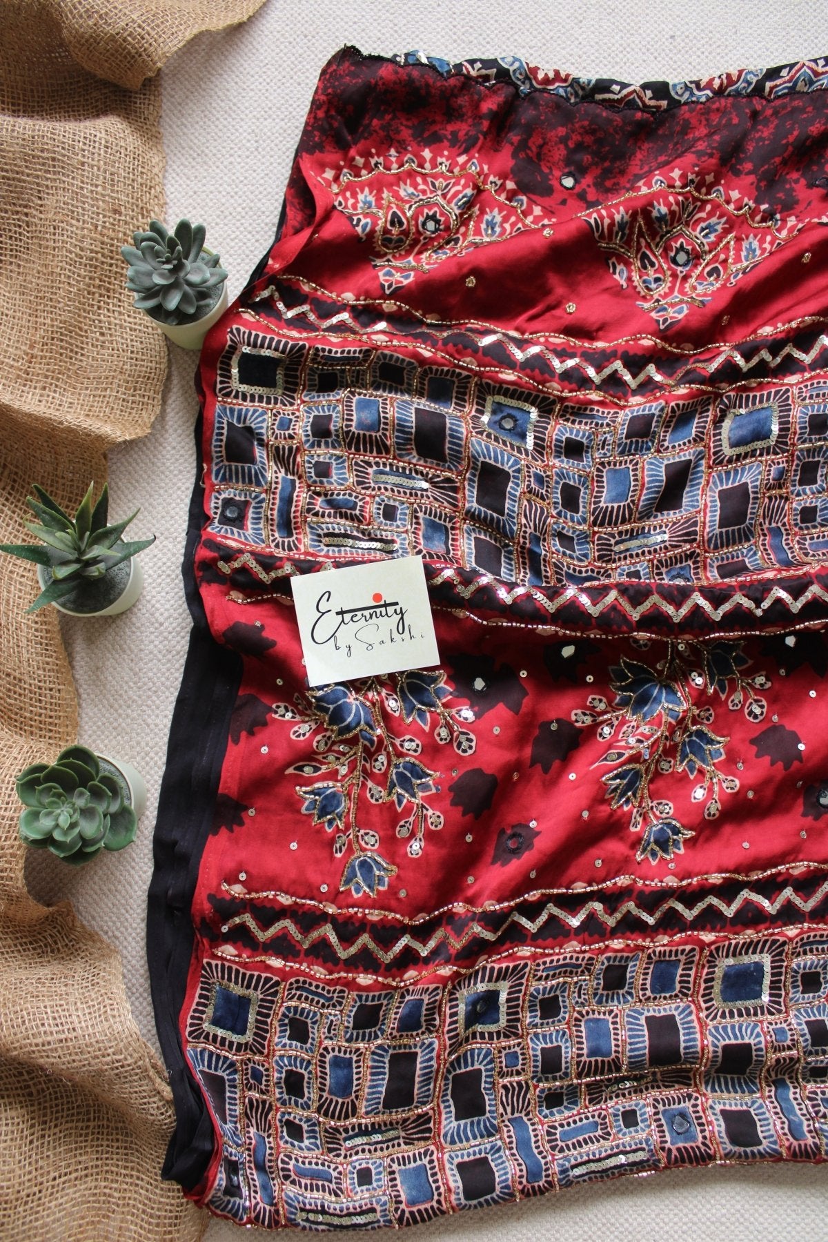 Aaina Raag Ajrakh Modal Silk Saree with Artisan Handwork - Eternity by Sakshi