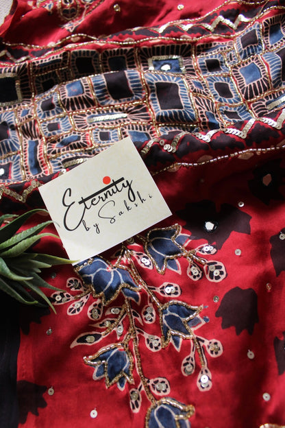 Aaina Raag Ajrakh Modal Silk Saree with Artisan Handwork - Eternity by Sakshi