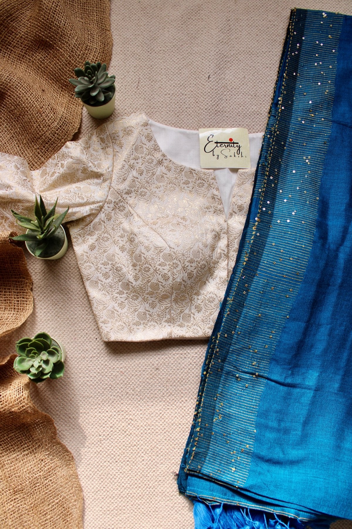 Peacock Blue Shakti Saree + Butterscotch Blouse Combo - Eternity by Sakshi