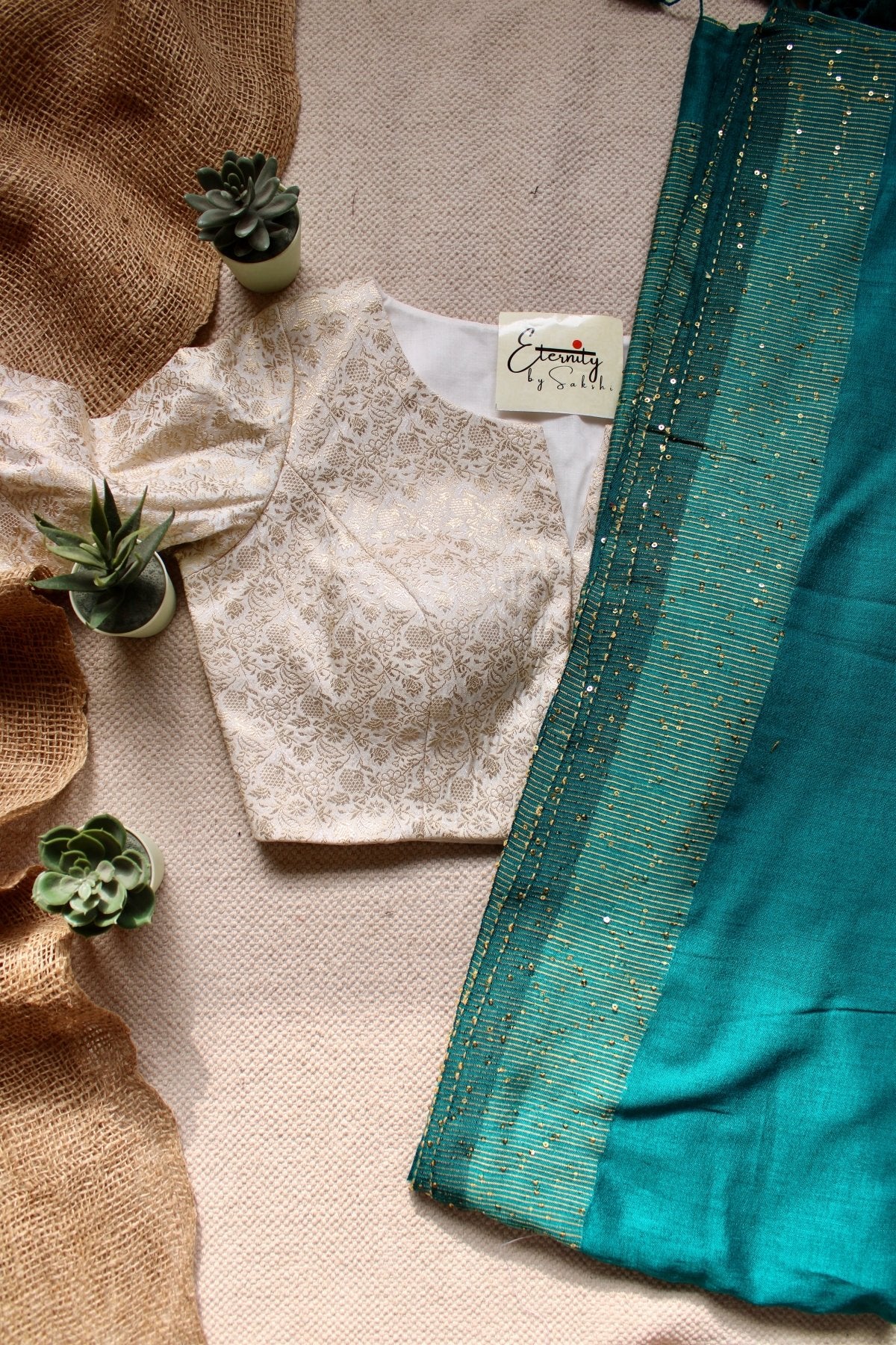 Rama Green Shakti Saree + Butterscotch Blouse Combo - Eternity by Sakshi