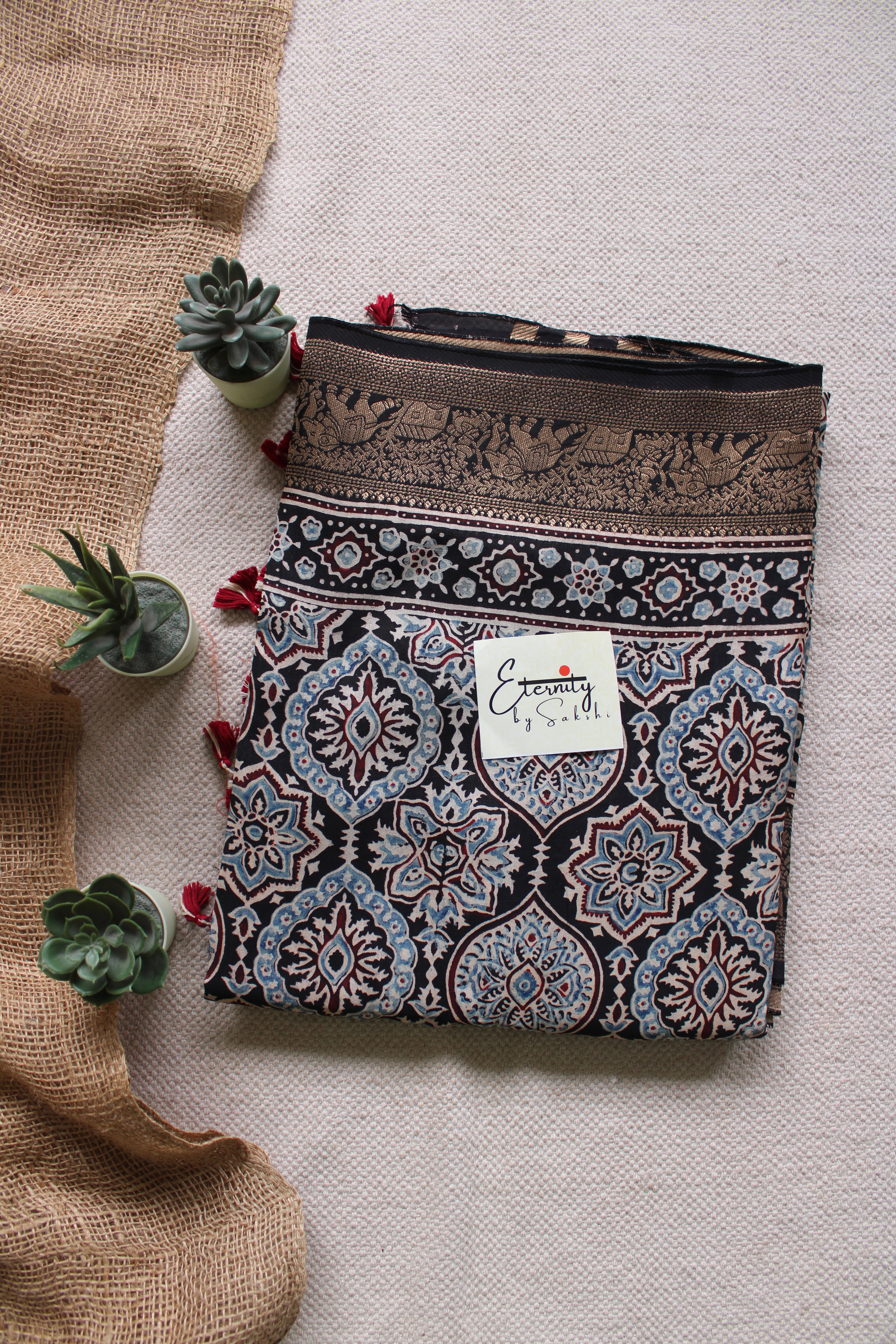 Shyaam Pushp Ajrakh Dola Silk Saree