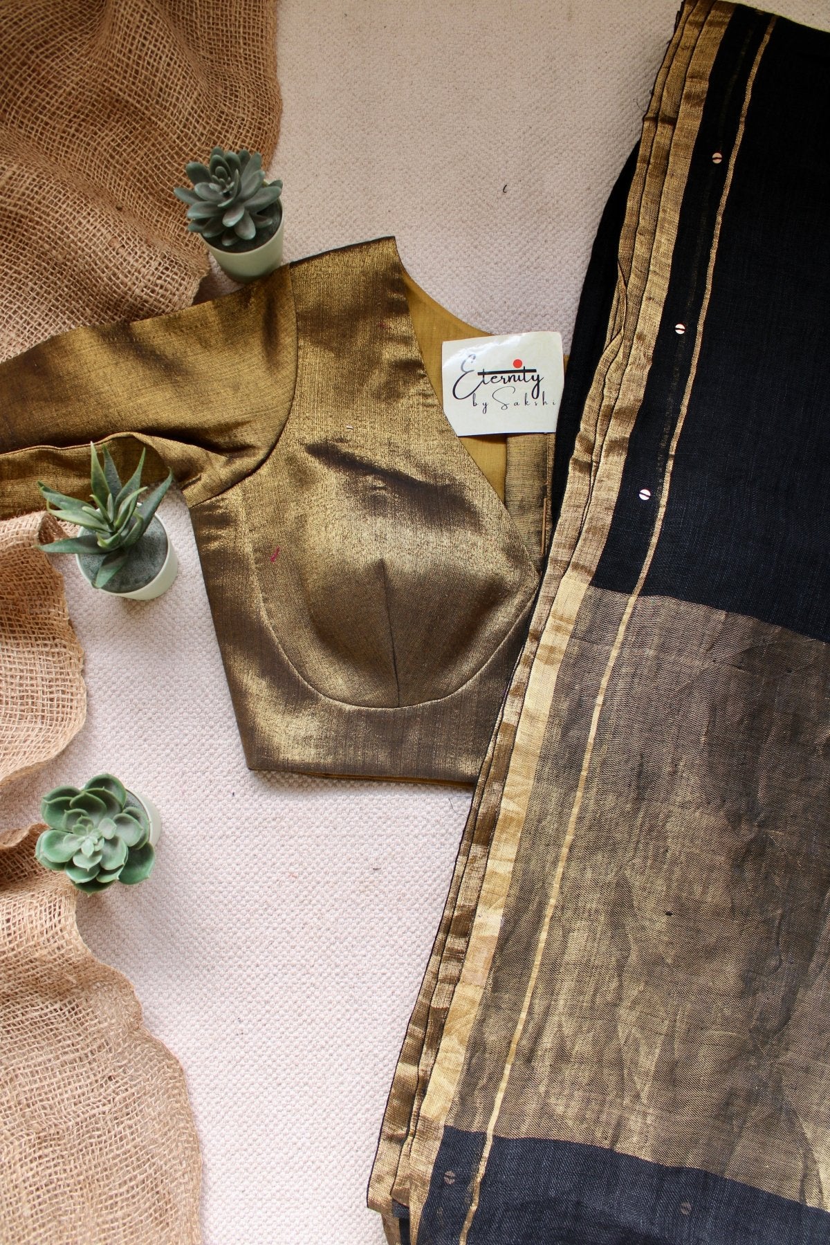 Black Raina Linen Saree + Sona Blouse Combo - Eternity by Sakshi