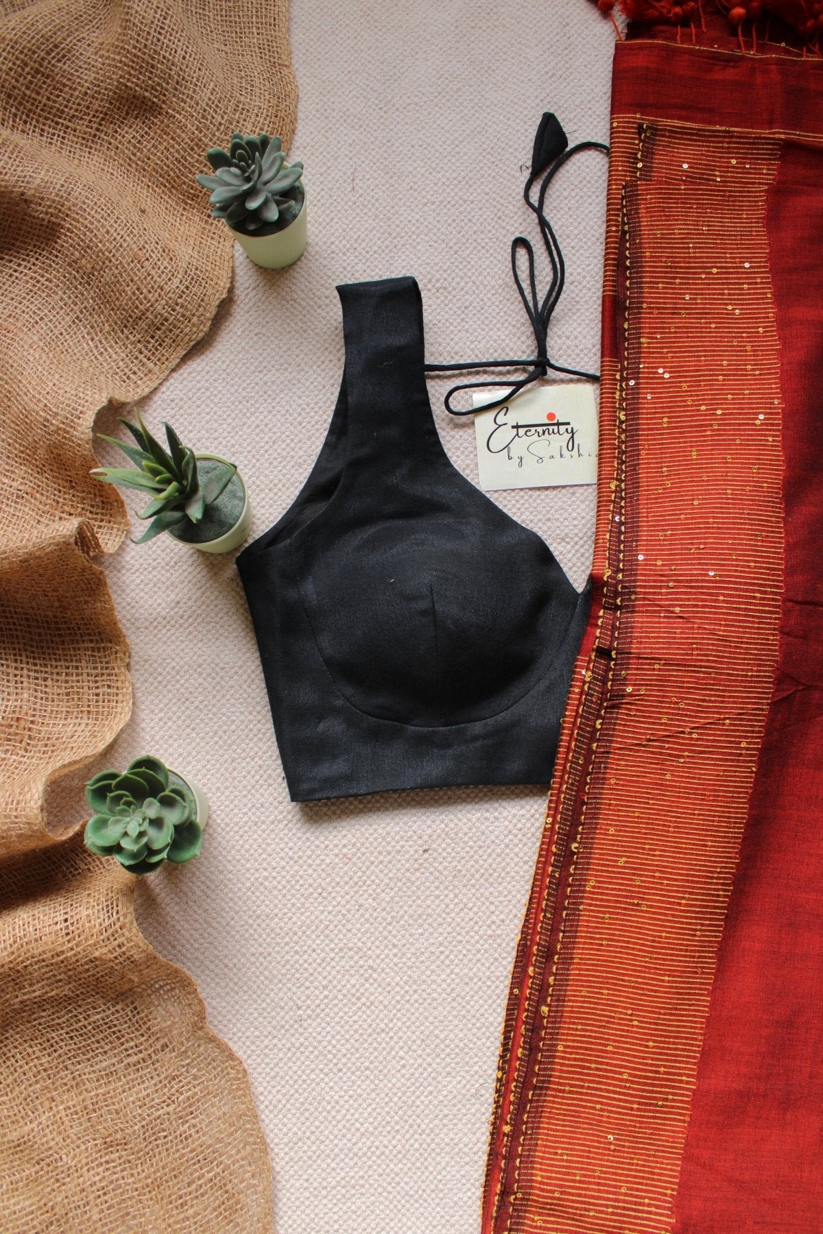 Rust Orange Shakti Saree + Black Madhubala Blouse Combo - Eternity by Sakshi