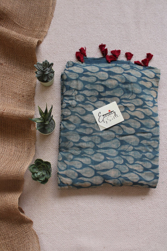 Indigo Crimson Bloom Cotton Saree - Eternity by Sakshi