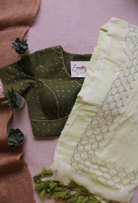 Mint Roshini Saree + Olive Green Navratri Amba Blouse Combo - Eternity by Sakshi