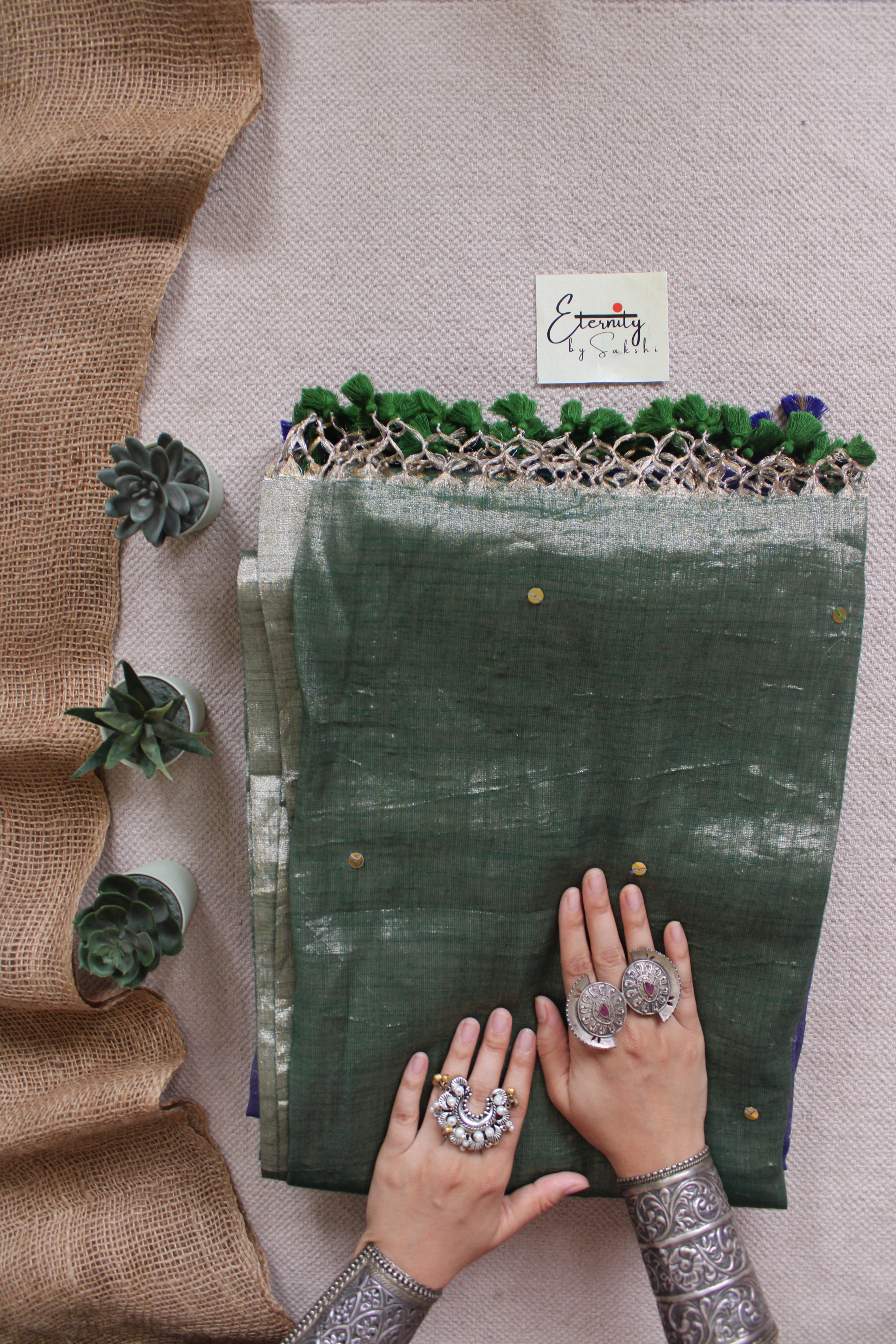 Green Metallic Tissue Saree