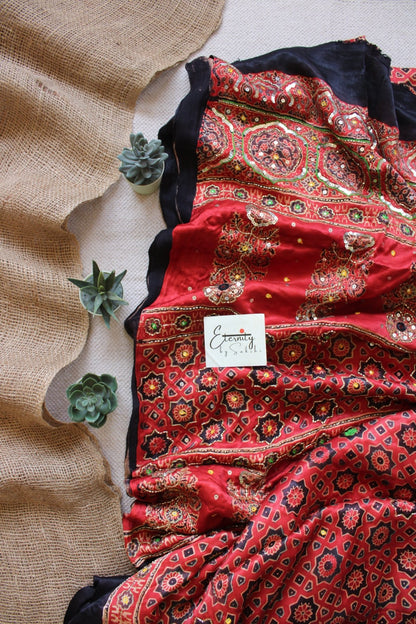Rust Ajrakh Silk Handwork Saree - Eternity by Sakshi