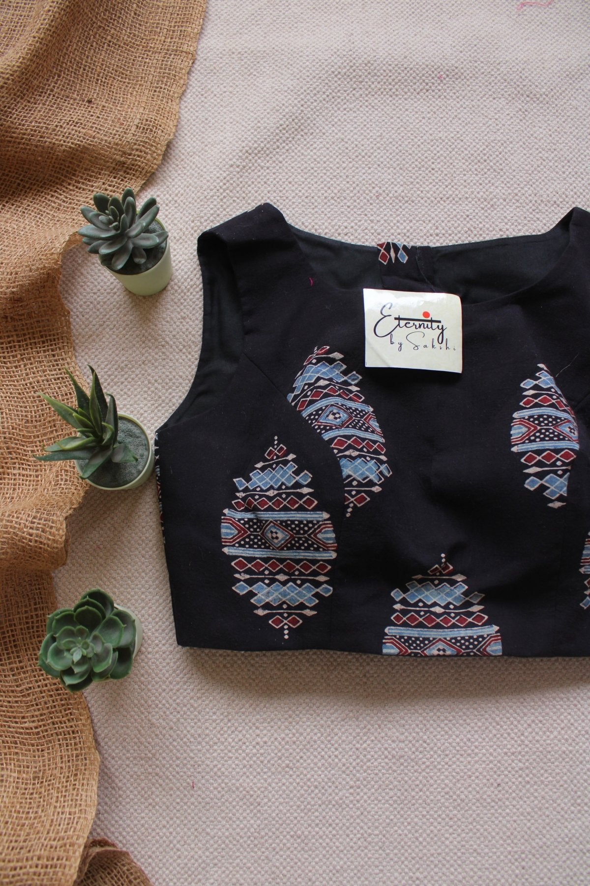 Midnight Black Ajrakh Boatneck Blouse - Eternity by Sakshi