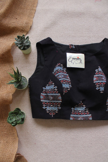 Midnight Black Ajrakh Boatneck Blouse - Eternity by Sakshi