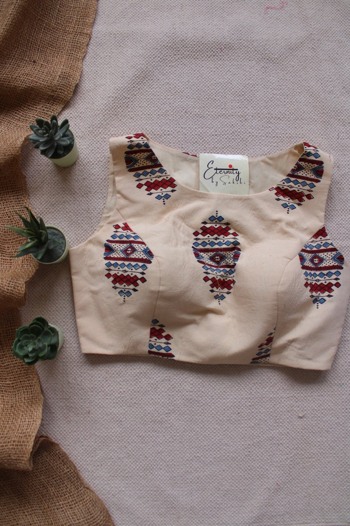 Off White Ajrakh Boatneck Blouse - Eternity by Sakshi