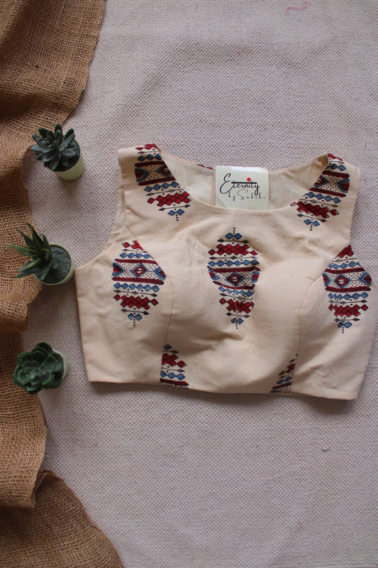 Off White Ajrakh Boatneck Blouse - Eternity by Sakshi