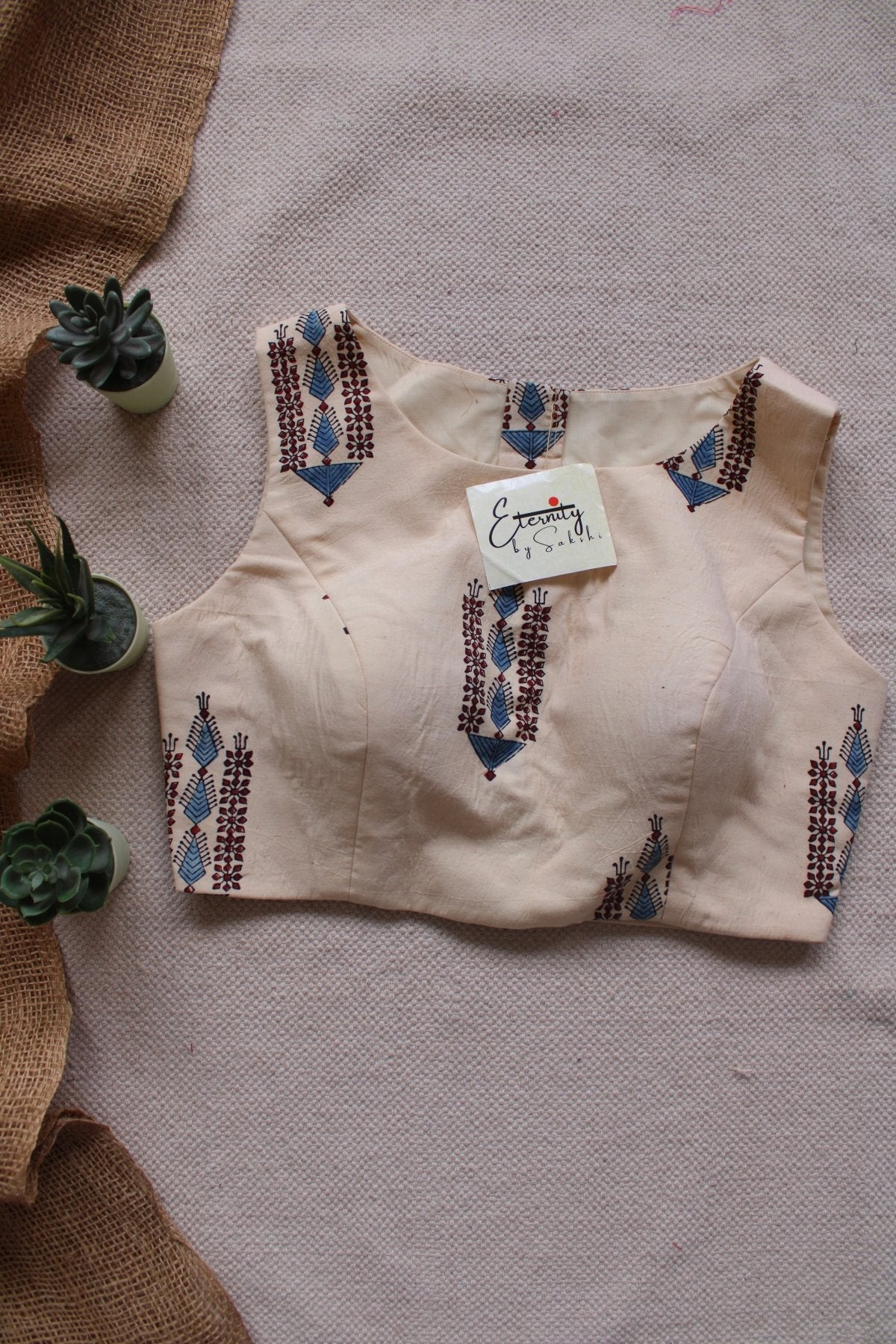 vanilla Ajrakh Boatneck Blouse - Eternity by Sakshi