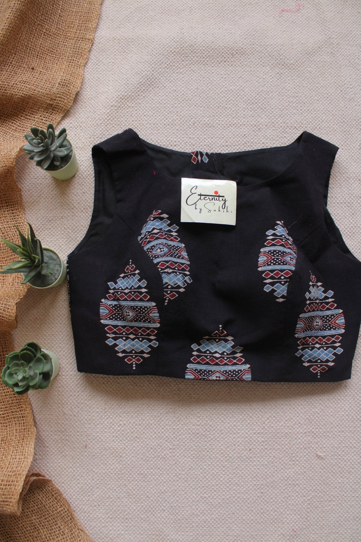 Midnight Black Ajrakh Boatneck Blouse - Eternity by Sakshi