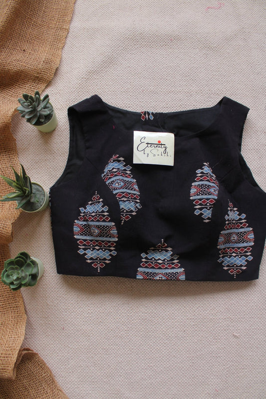 Midnight Black Ajrakh Boatneck Blouse - Eternity by Sakshi