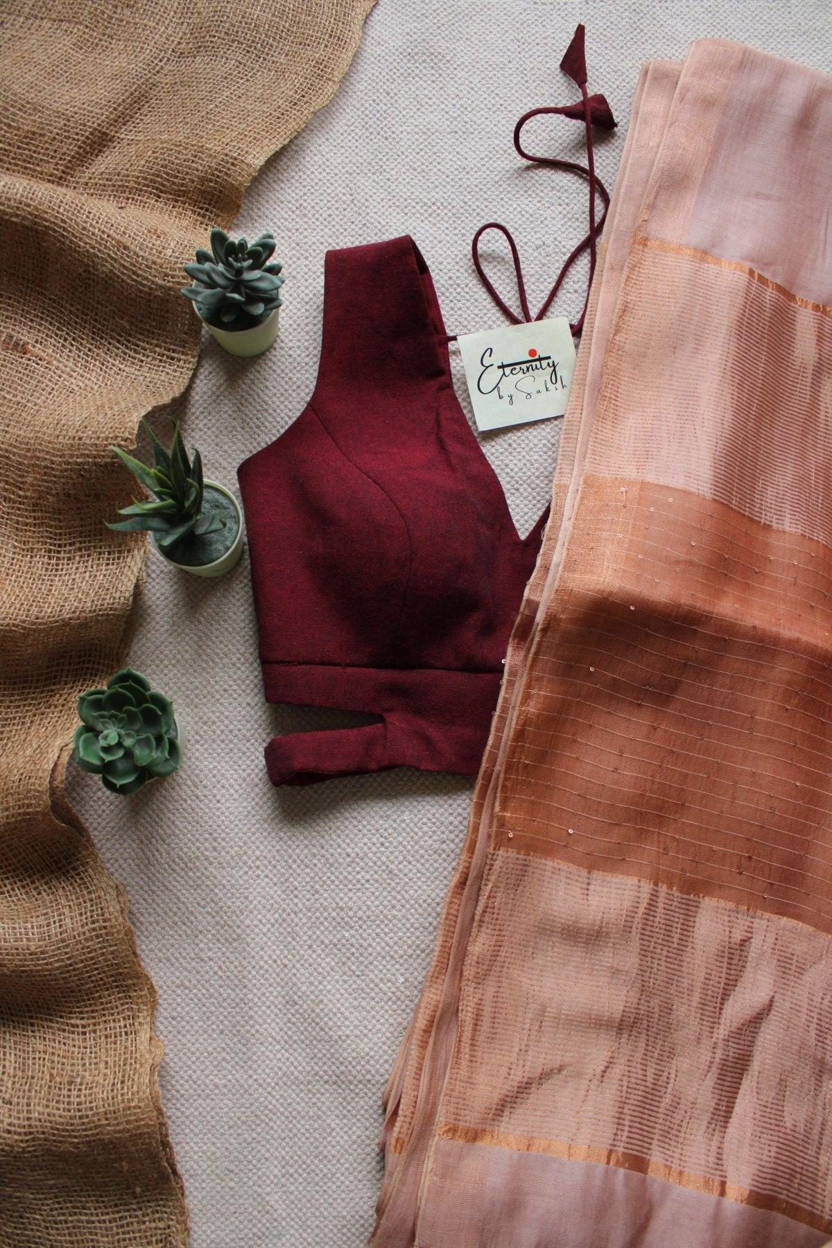 Beige Raga Resham Saree +Maroon Cutout Stretchable Blouse Combo - Eternity by Sakshi