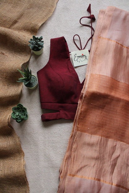 Beige Raga Resham Saree +Maroon Cutout Stretchable Blouse Combo - Eternity by Sakshi