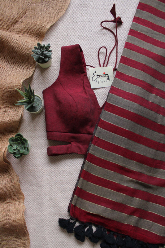Red Grey Silsila Saree +Maroon Cutout Stretchable Blouse Combo - Eternity by Sakshi