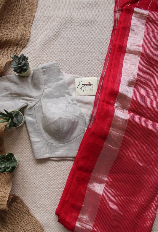 Red stripes Linen Saree + Silver Zari Blouse Combo - Eternity by Sakshi