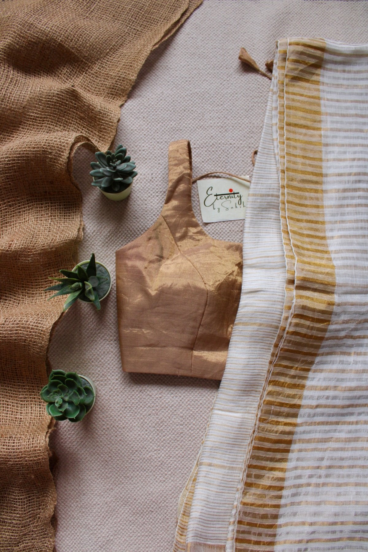 Vanilla Stripes Linen Saree + Gold Noorie Blouse Combo - Eternity by Sakshi