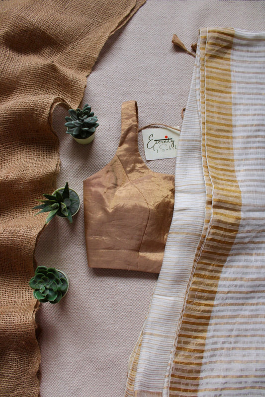 Vanilla Stripes Linen Saree + Gold Noorie Blouse Combo - Eternity by Sakshi