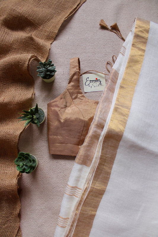 Parijaat Linen Saree + Gold Noorie Blouse Combo - Eternity by Sakshi