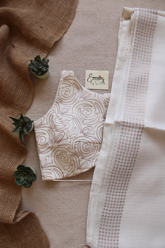 White Sundari Saree + Pearl Blouse Combo - Eternity by Sakshi