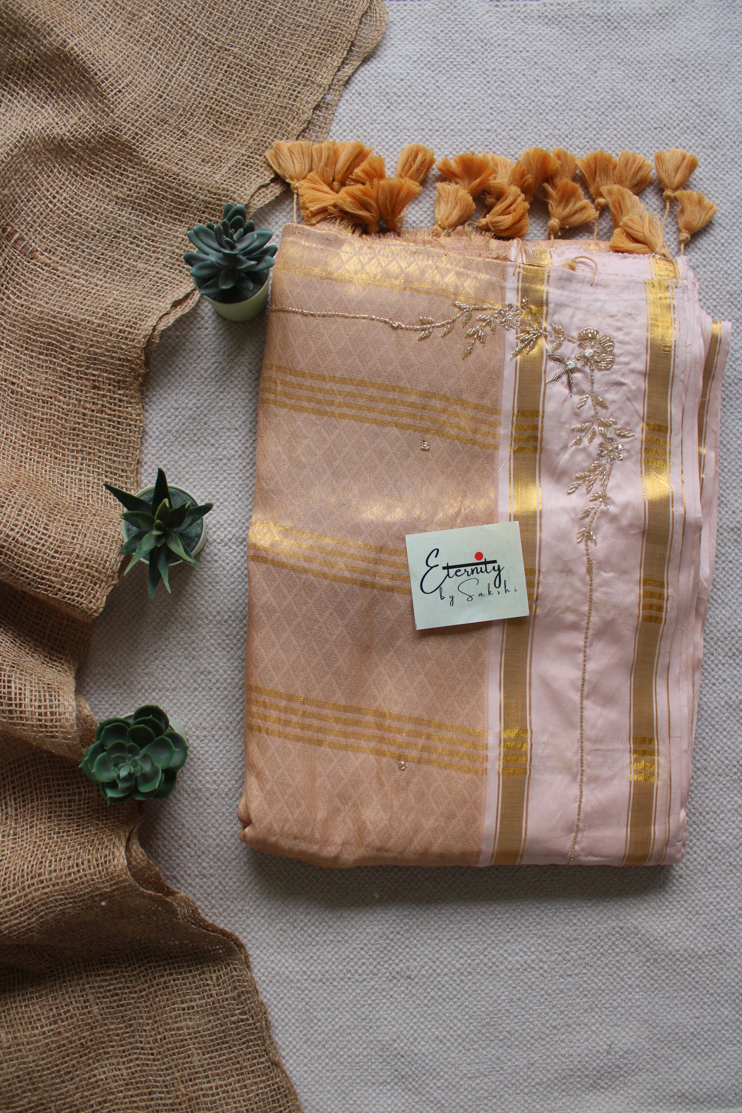 Beige Jacquard Handwork Saree