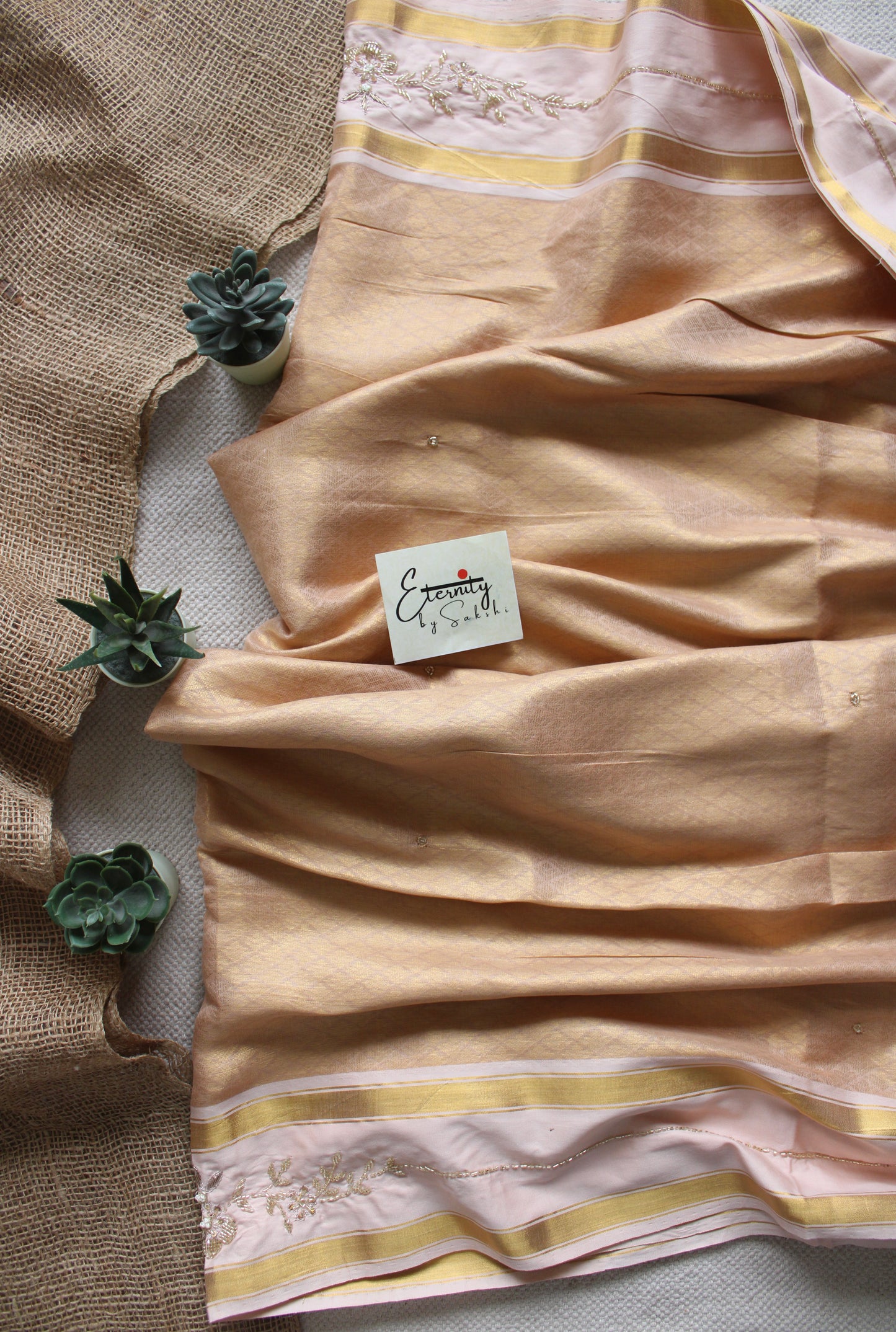 Beige Jacquard Handwork Saree