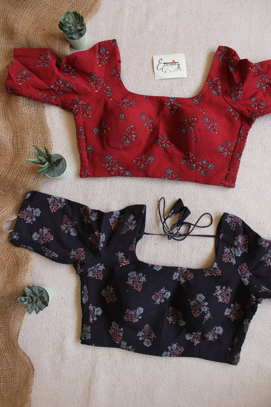 Red Brick + Charcoal (Ajrakh Stretchable) (combo Blouse) - Eternity by Sakshi