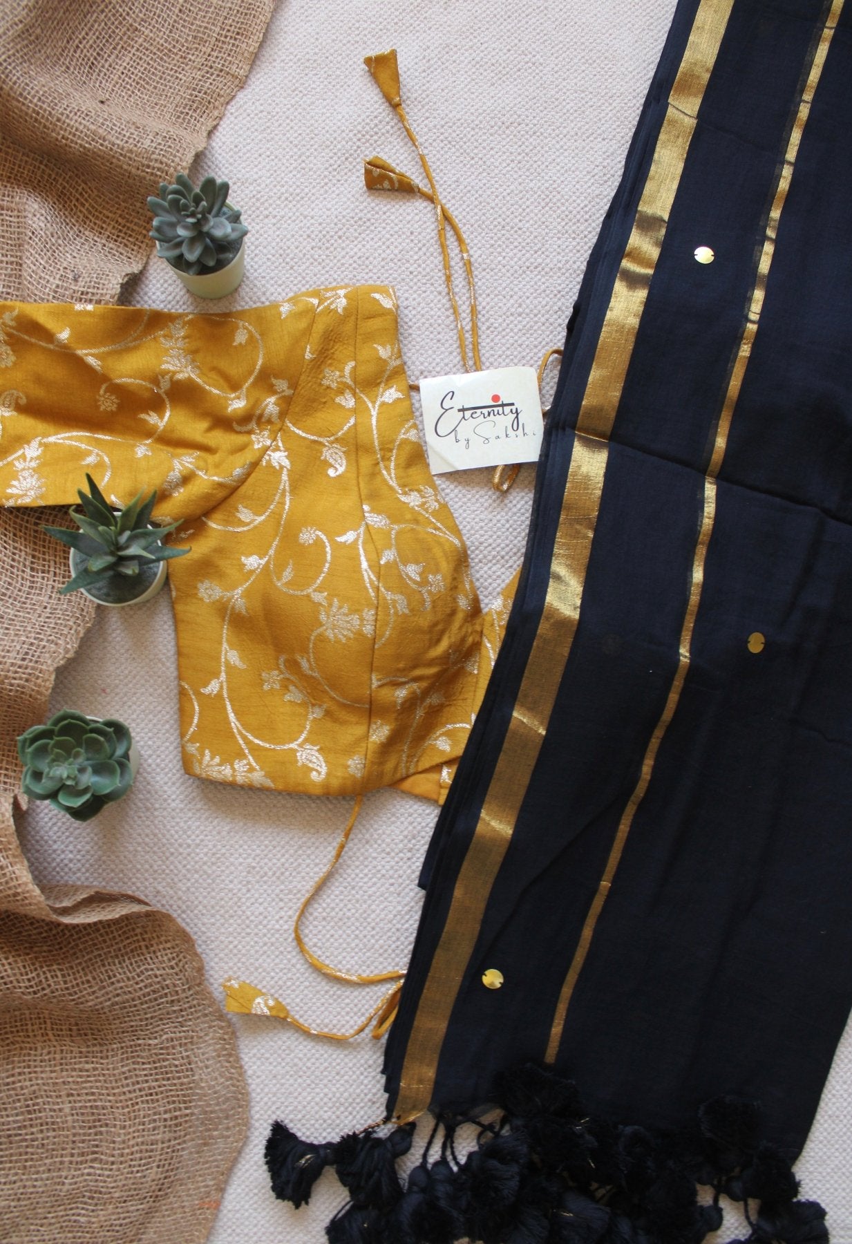 Black Bling Saree + Yellow Brocade Blouse Combo - Eternity by Sakshi