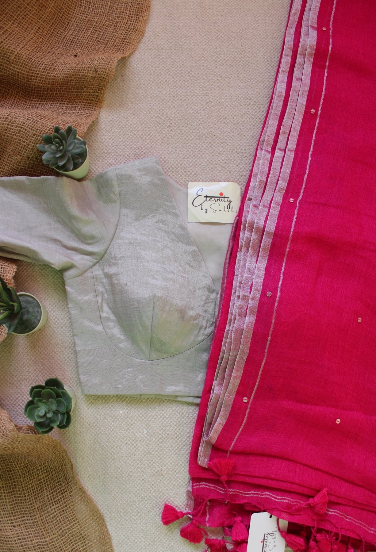 Pink Raina Linen Saree + Silver Zari Blouse Combo - Eternity by Sakshi