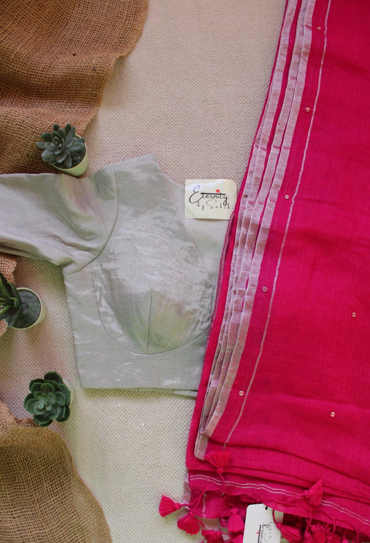 Pink Raina Linen Saree + Silver Zari Blouse Combo - Eternity by Sakshi