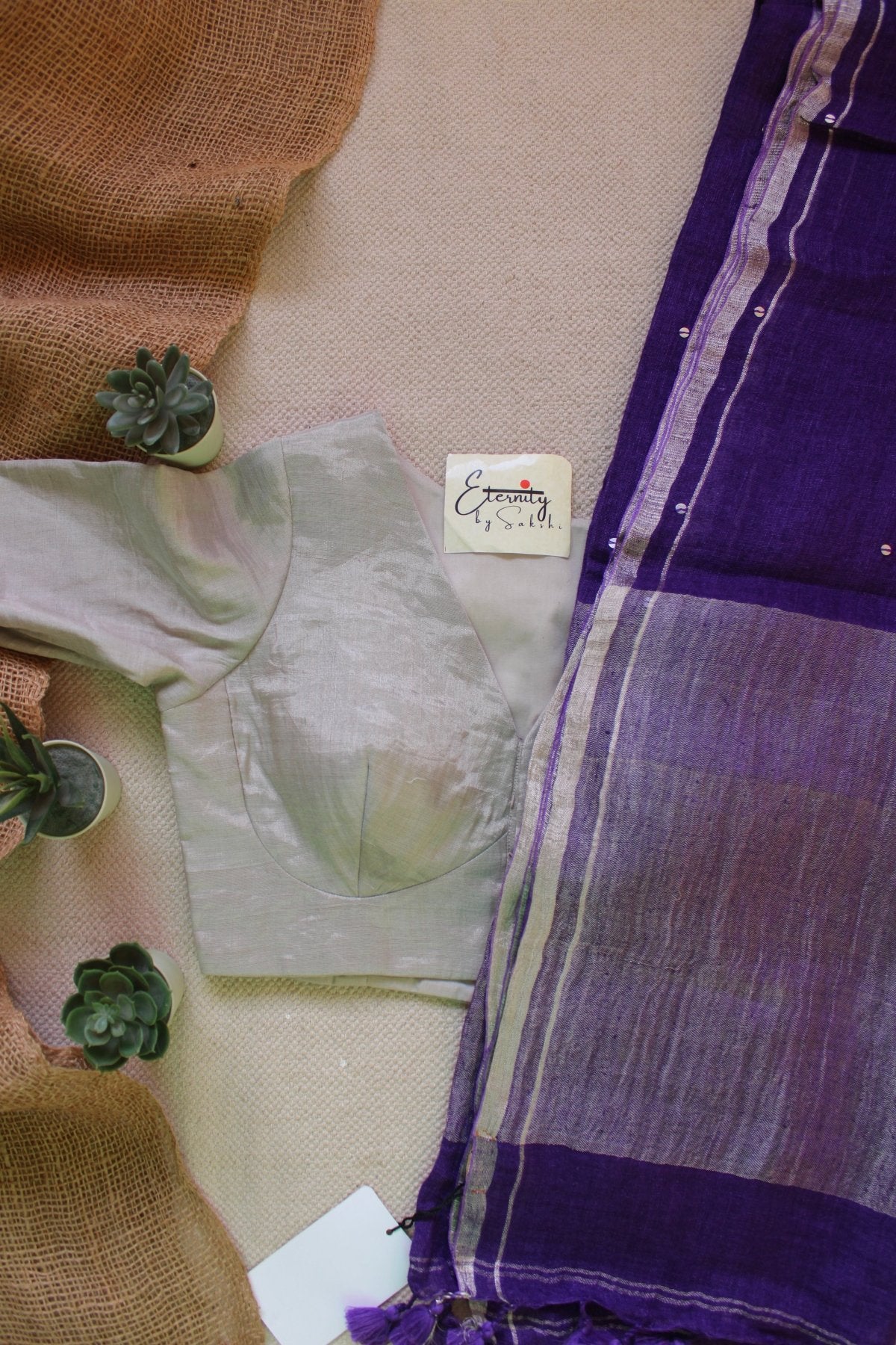 Purple Raina Linen Saree + Silver Zari Blouse Combo - Eternity by Sakshi