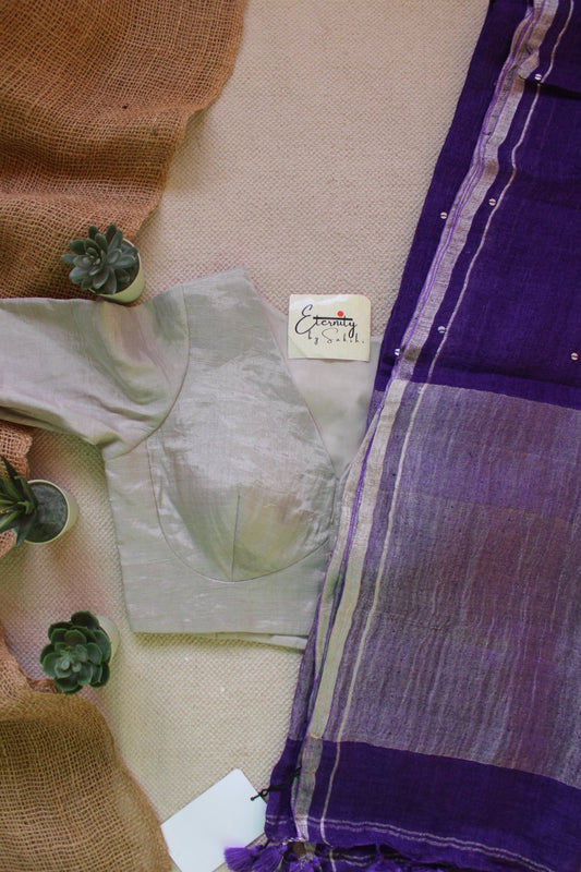 Purple Raina Linen Saree + Silver Zari Blouse Combo - Eternity by Sakshi