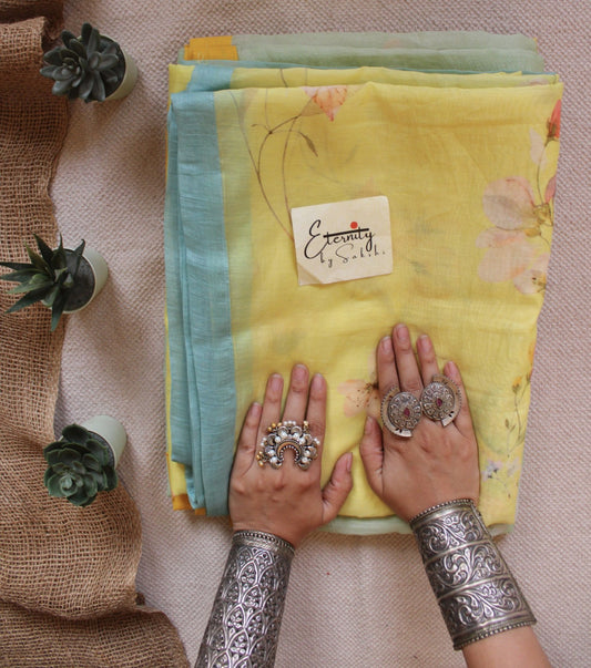 Yellow Digital Print Chanderi Cotton Saree - Eternity by Sakshi